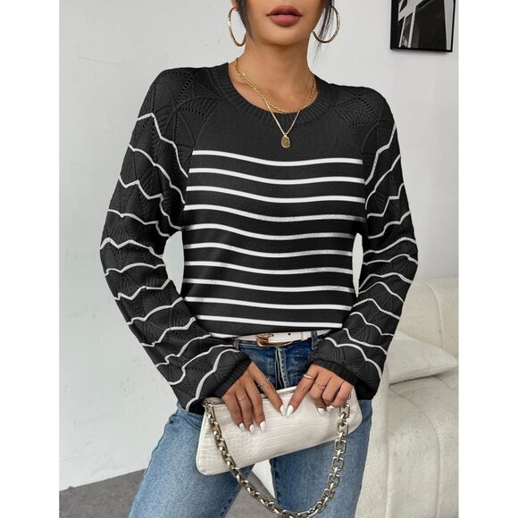 Zeagoo Womens Stripe Black Crew Neck Eyelet Long Sleeves Kint Pullover Sweaters - Picture 3 of 5